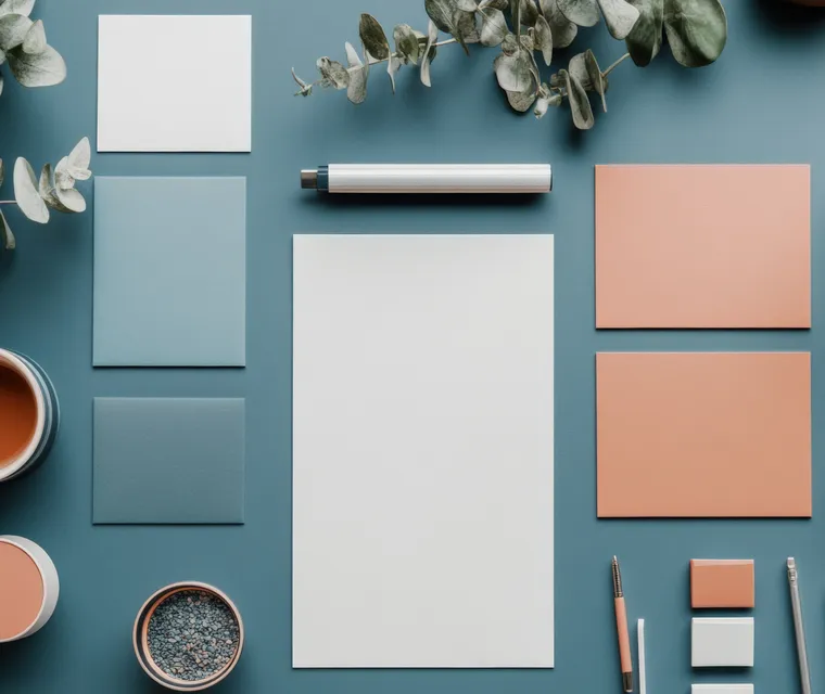 Flat Lay mit Farbpaletten, Papier und Design-Utensilien für Corporate-Design-Arbeit