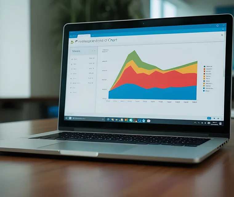 Laptop mit Analytics-Dashboard in einem Büro mit blauen Sesseln