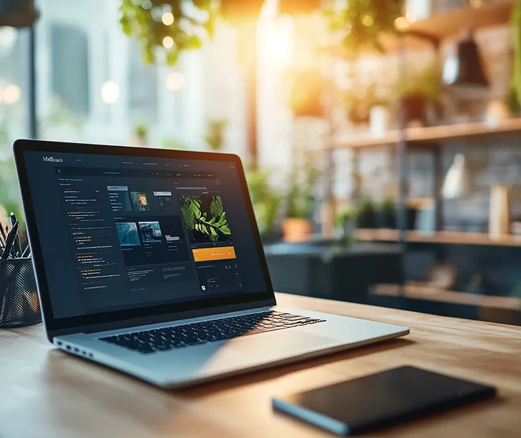 Laptop mit Weboberfläche in einem hellen, pflanzenreichen Arbeitsplatz